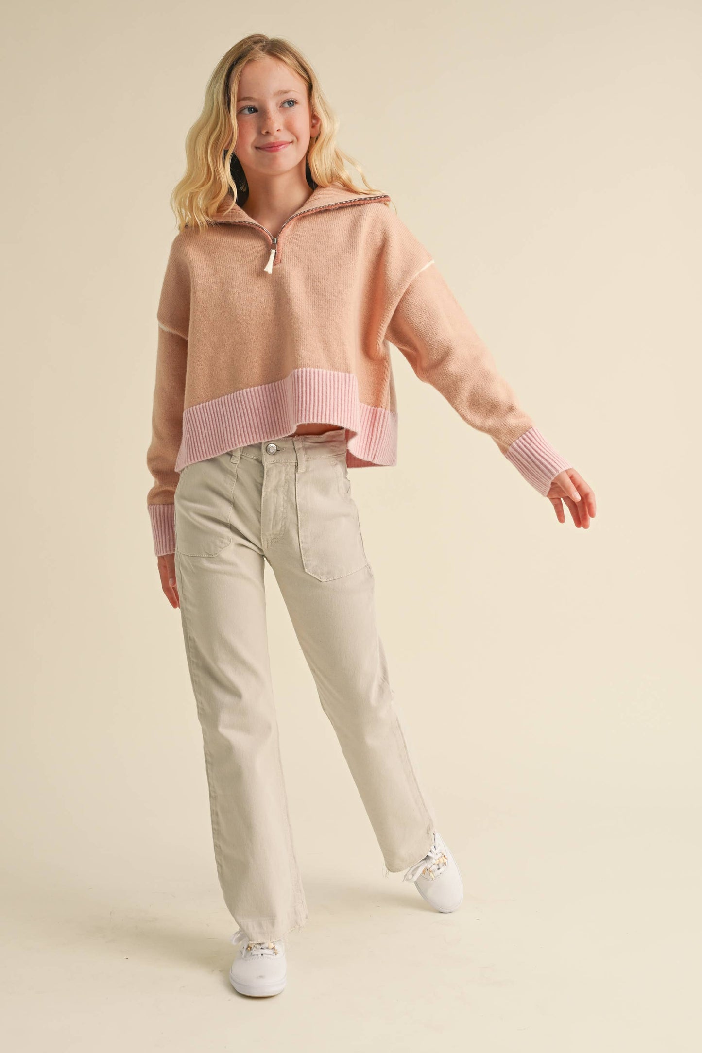 TWEEN GIRLS HALF ZIP SAILOR COLLAR SWEATER