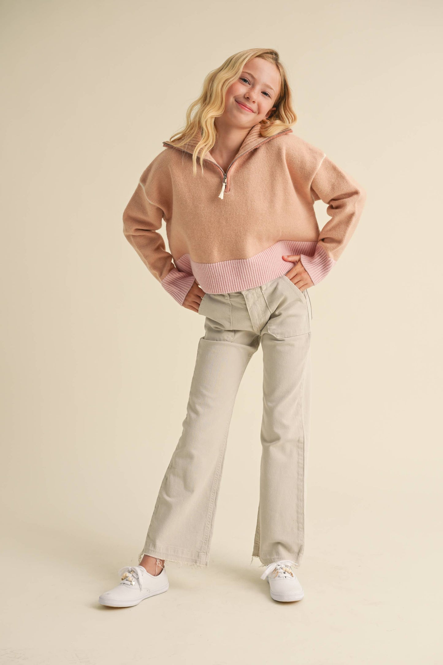 TWEEN GIRLS HALF ZIP SAILOR COLLAR SWEATER