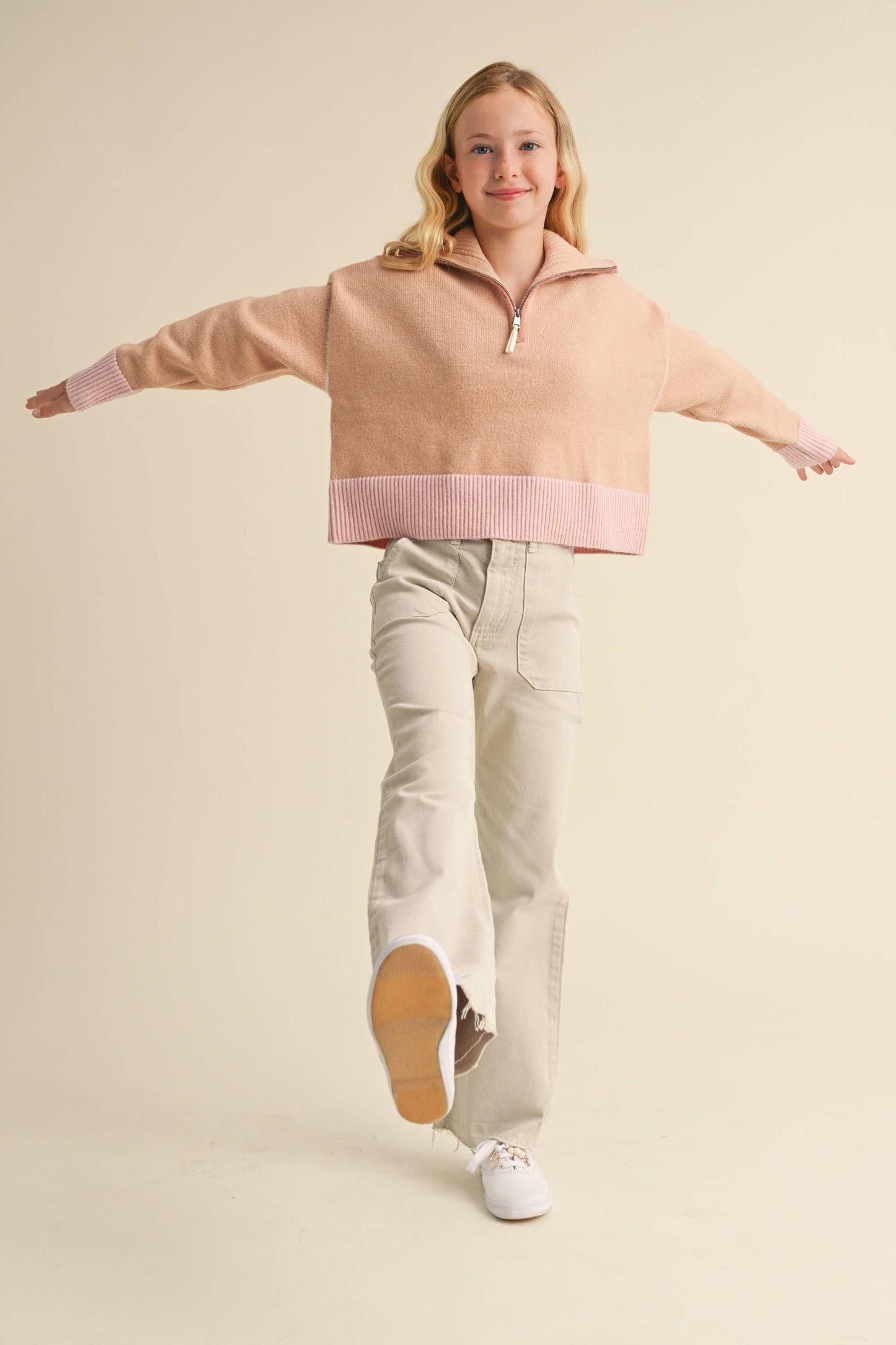 TWEEN GIRLS HALF ZIP SAILOR COLLAR SWEATER