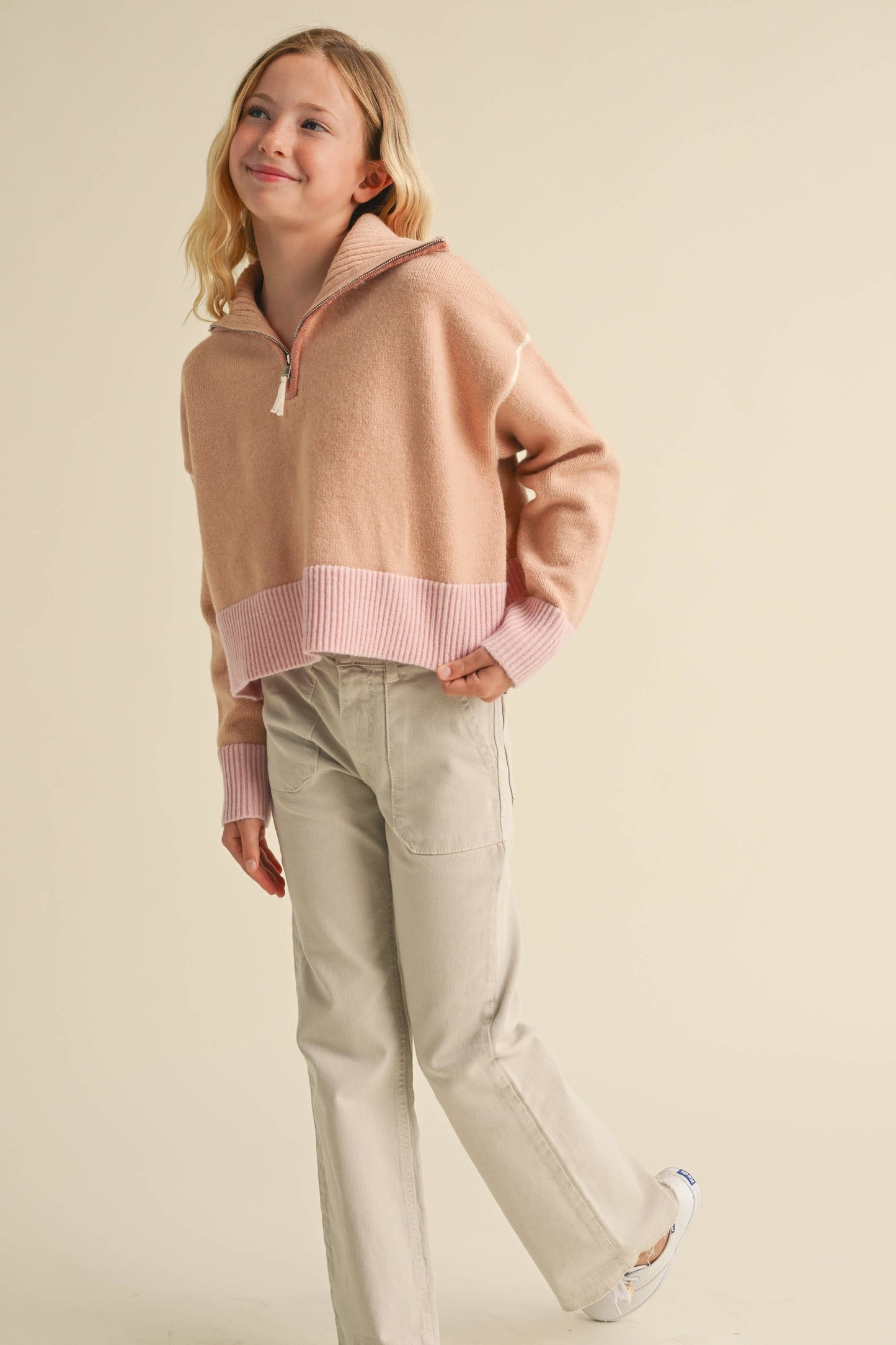 TWEEN GIRLS HALF ZIP SAILOR COLLAR SWEATER