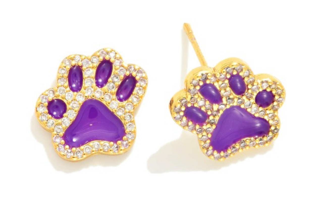 Purple/Gold Dipped Cubic Zirconia Studded Game Day Paw Print Stud Earrings