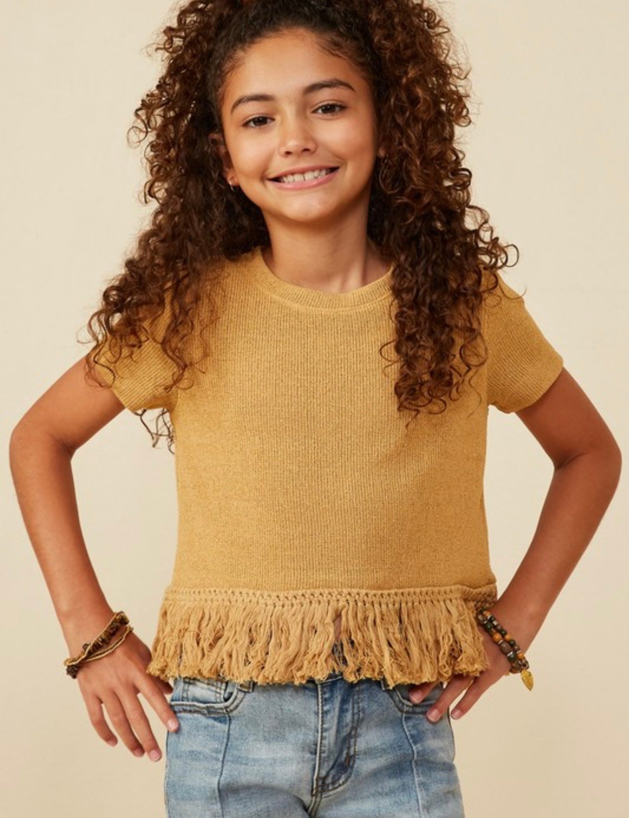 Mustard Girls Fringed Tassel Hem Textured Knit Top