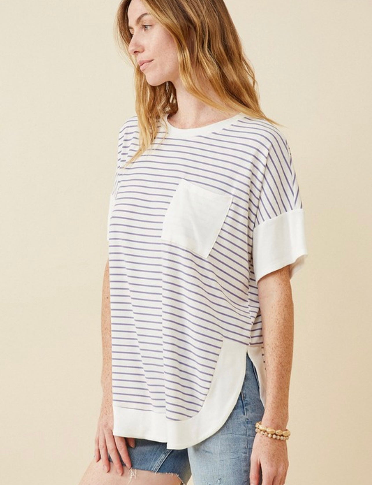 Lavender Womens Ribbed Knit Contrast Detail Pocket Tee