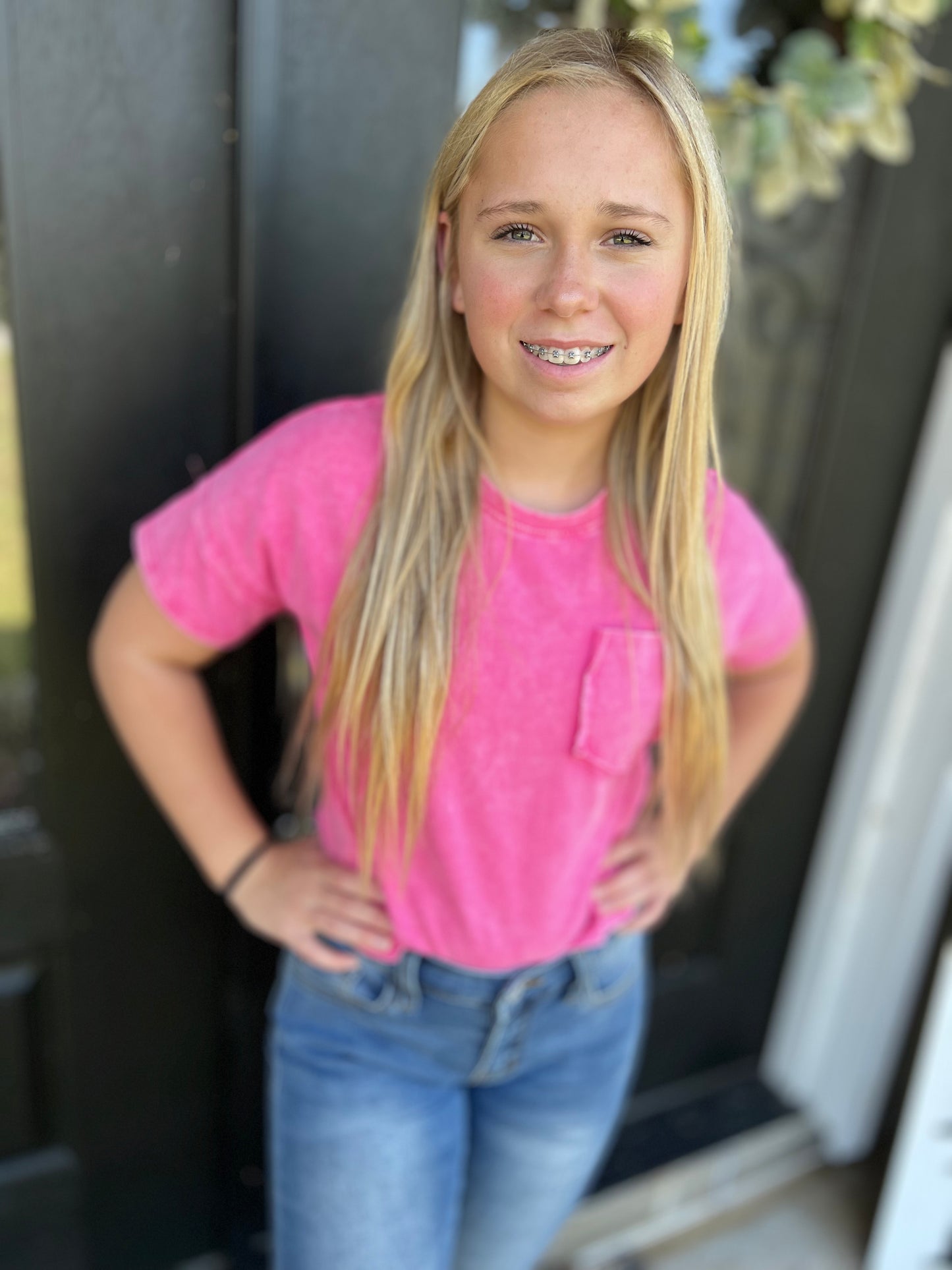 Pink Girls Washed Raw Edge Detail Pocket T Shirt