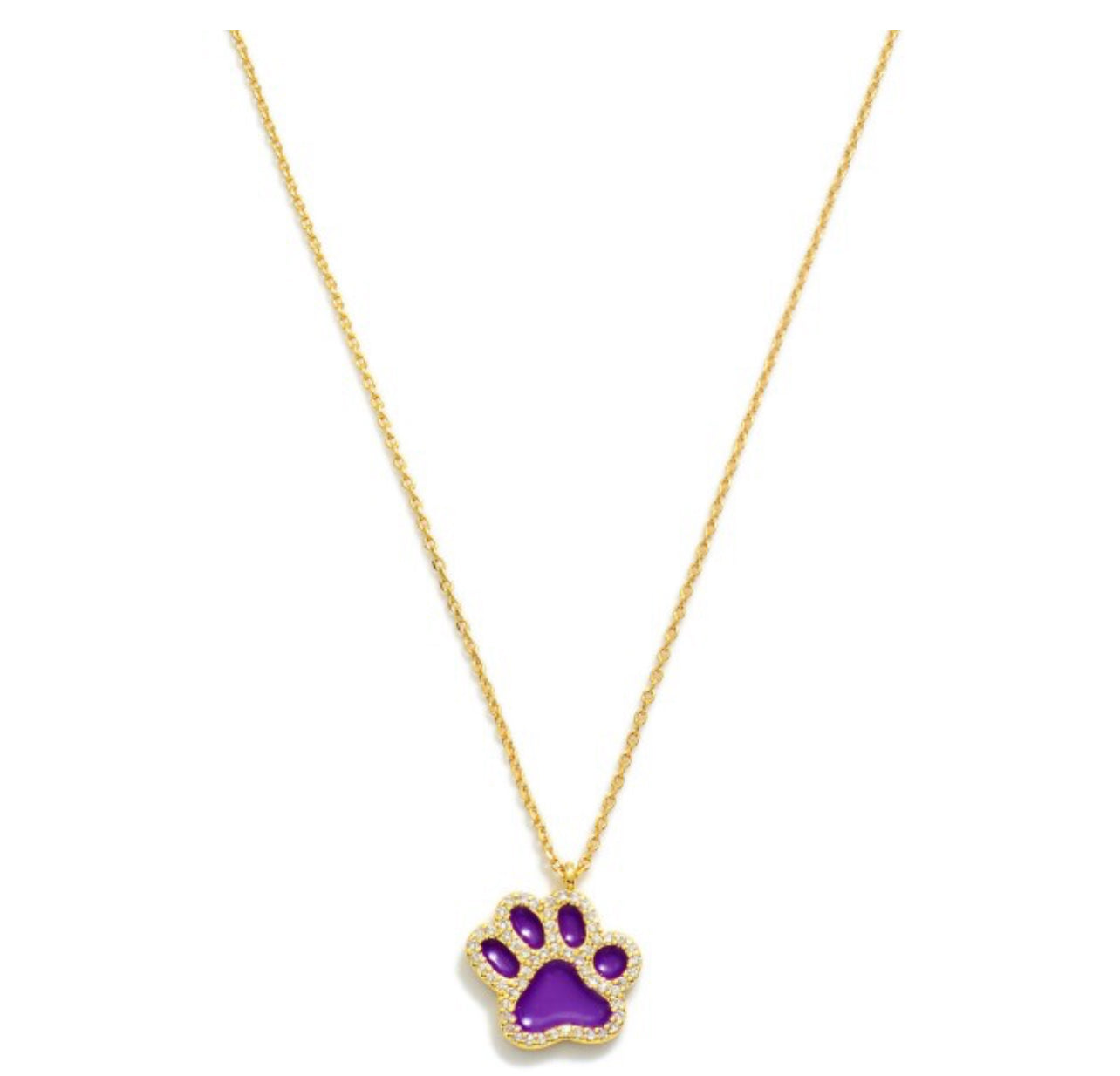 Purple/Gold Dainty Gold Dipped Chain Link Necklace Featuring Cubic Zirconia Studded Paw Print Pendant