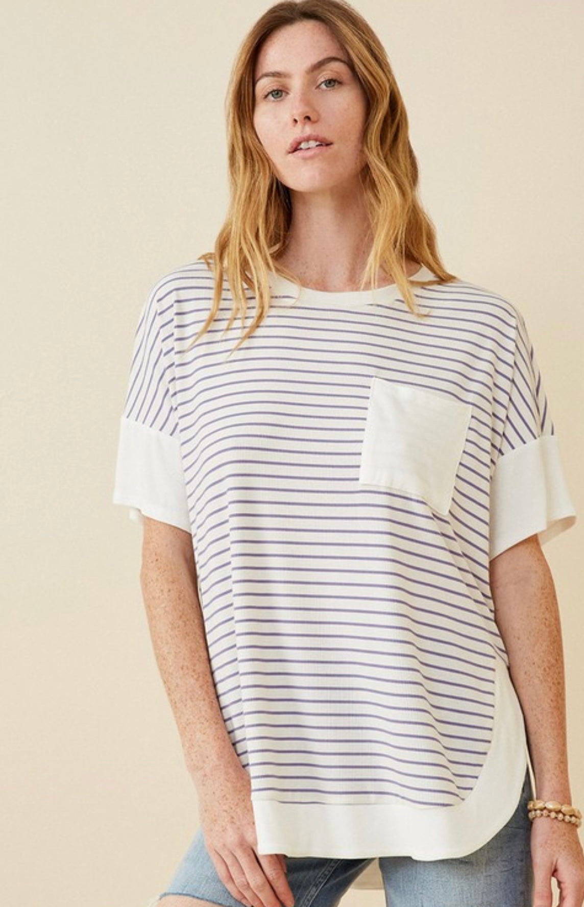 Lavender Womens Ribbed Knit Contrast Detail Pocket Tee