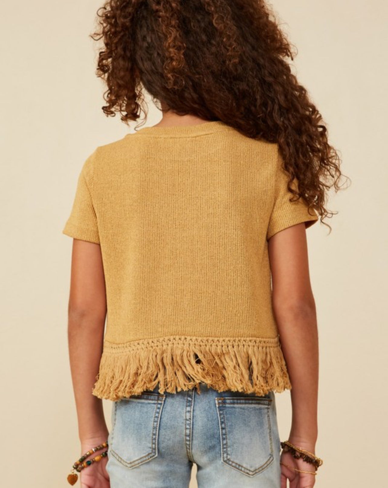 Mustard Girls Fringed Tassel Hem Textured Knit Top