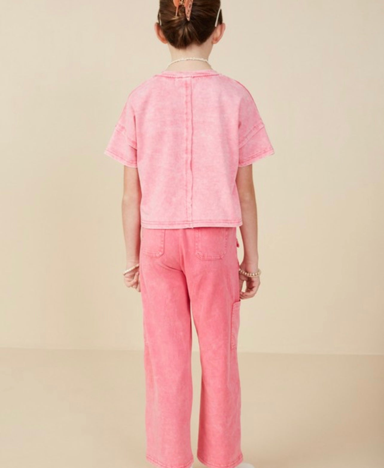 Pink Girls Washed Raw Edge Detail Pocket T Shirt
