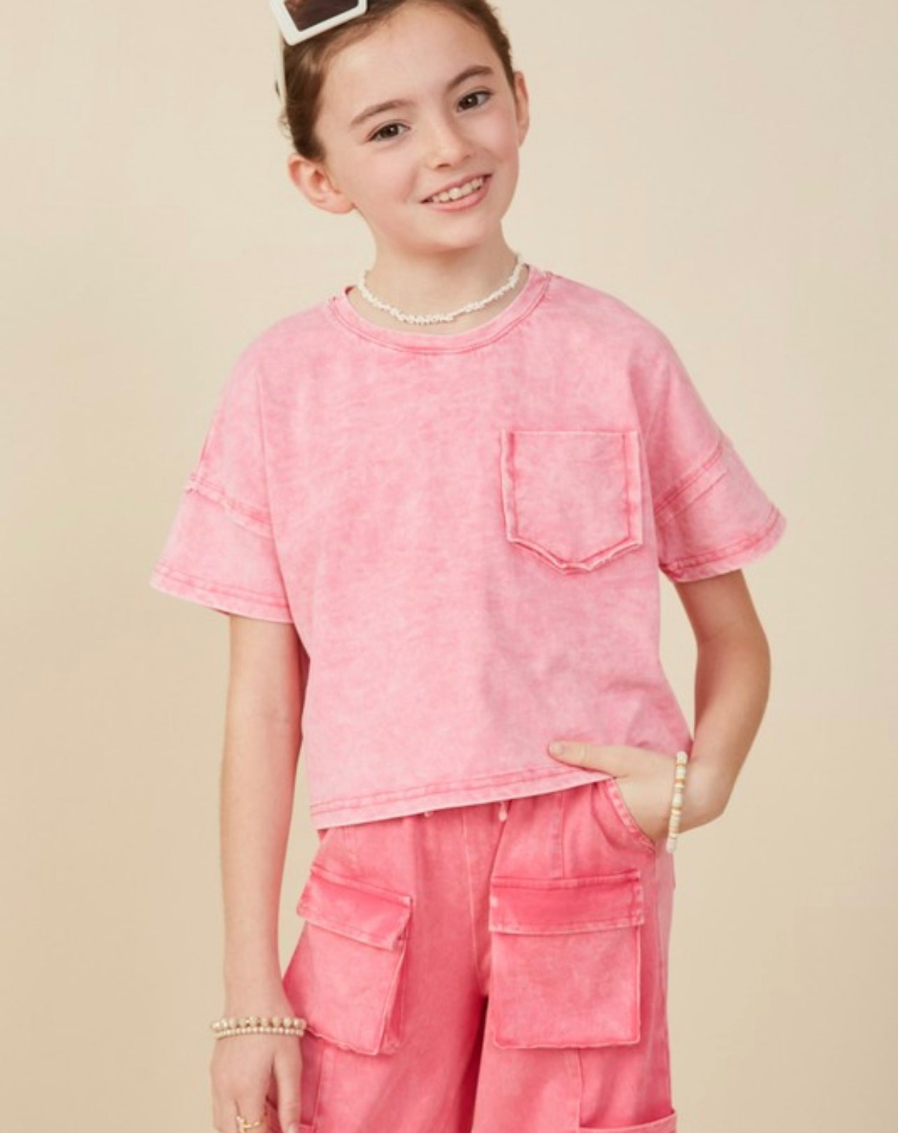 Pink Girls Washed Raw Edge Detail Pocket T Shirt