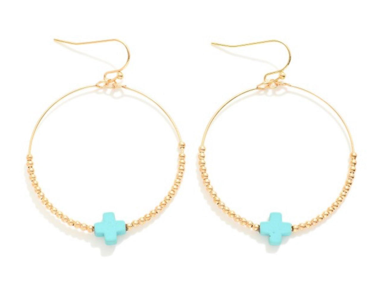 Turquoise Beaded Hoop Earrings With Dainty Cross