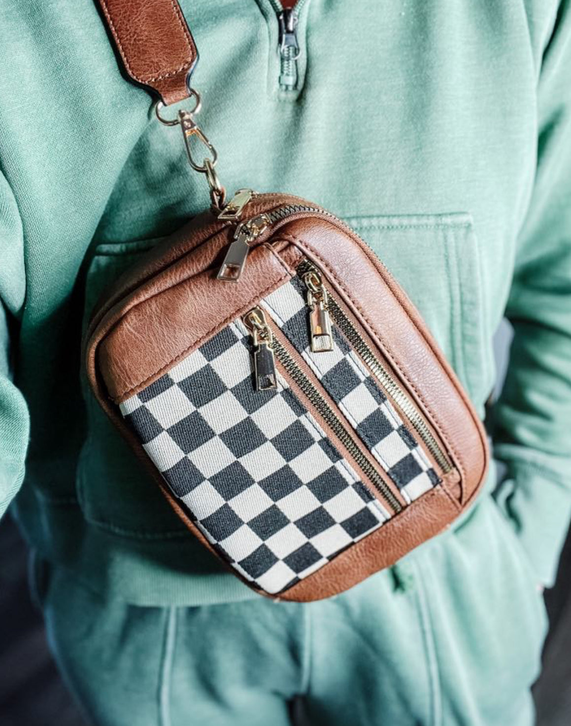 Brown Checkered Crossbody
