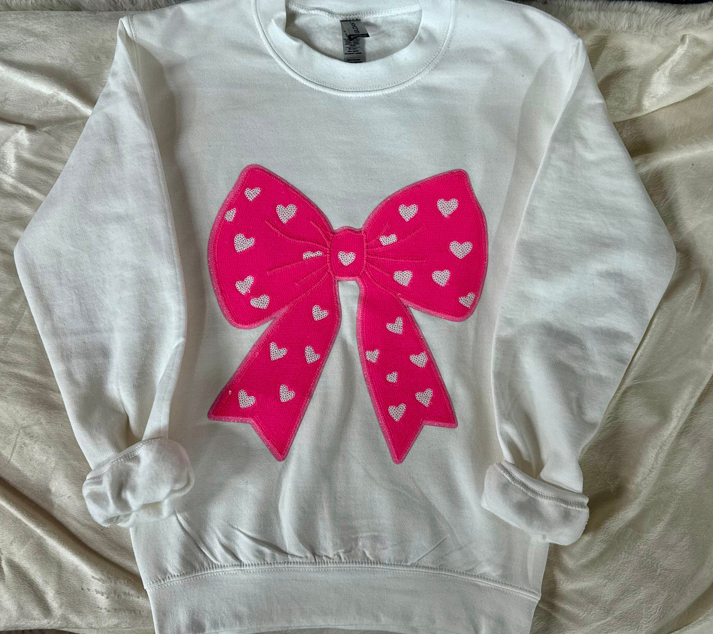 Pink Heart Bow Squin Patch | White