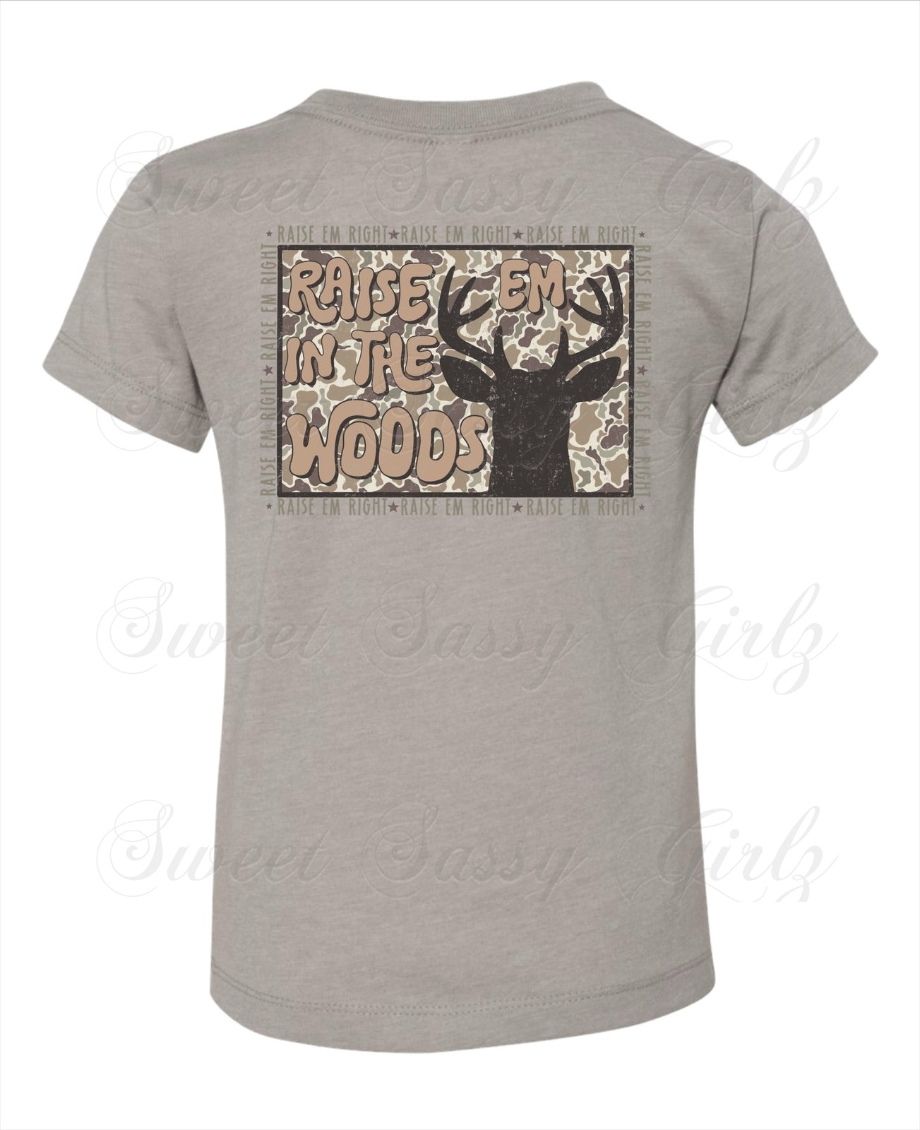 Raise ’Em Right, Raise ’Em In The Woods | Front Pocket + Back Design | Bella Heather Stone Tee