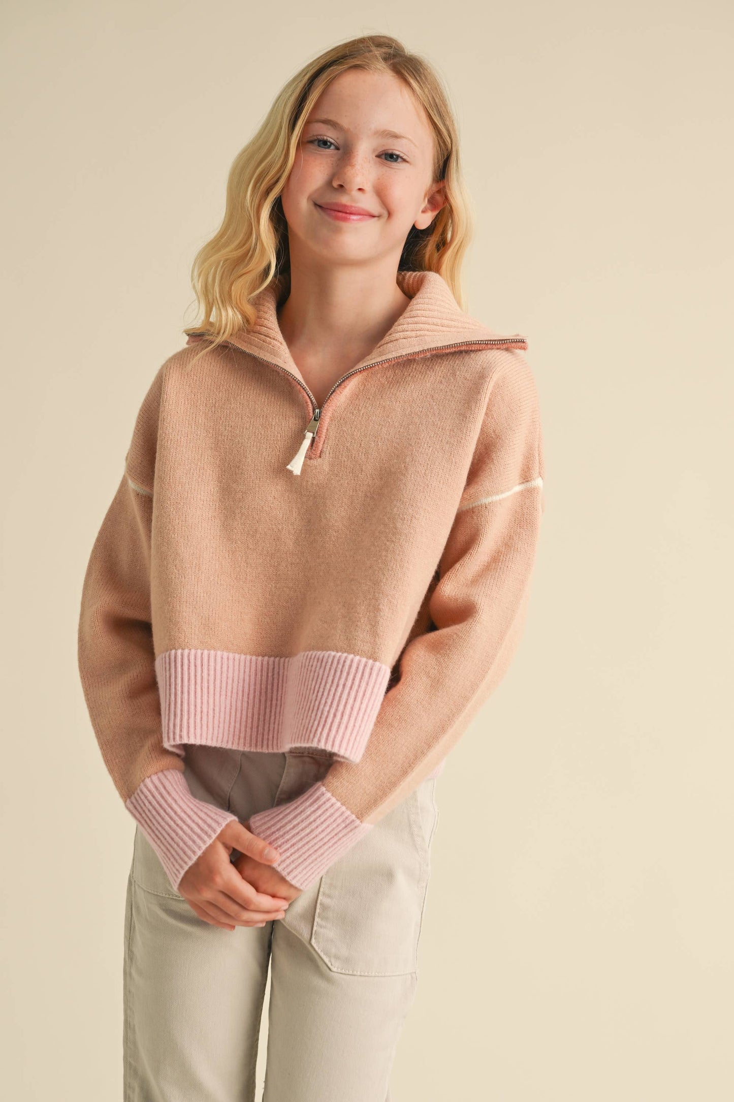TWEEN GIRLS HALF ZIP SAILOR COLLAR SWEATER