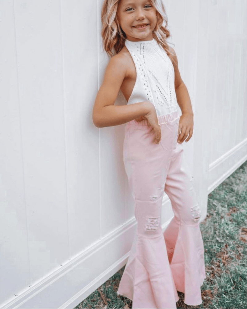 Barbie Pleated Denim Bell Bottoms - PowerPuff Distressed Pink