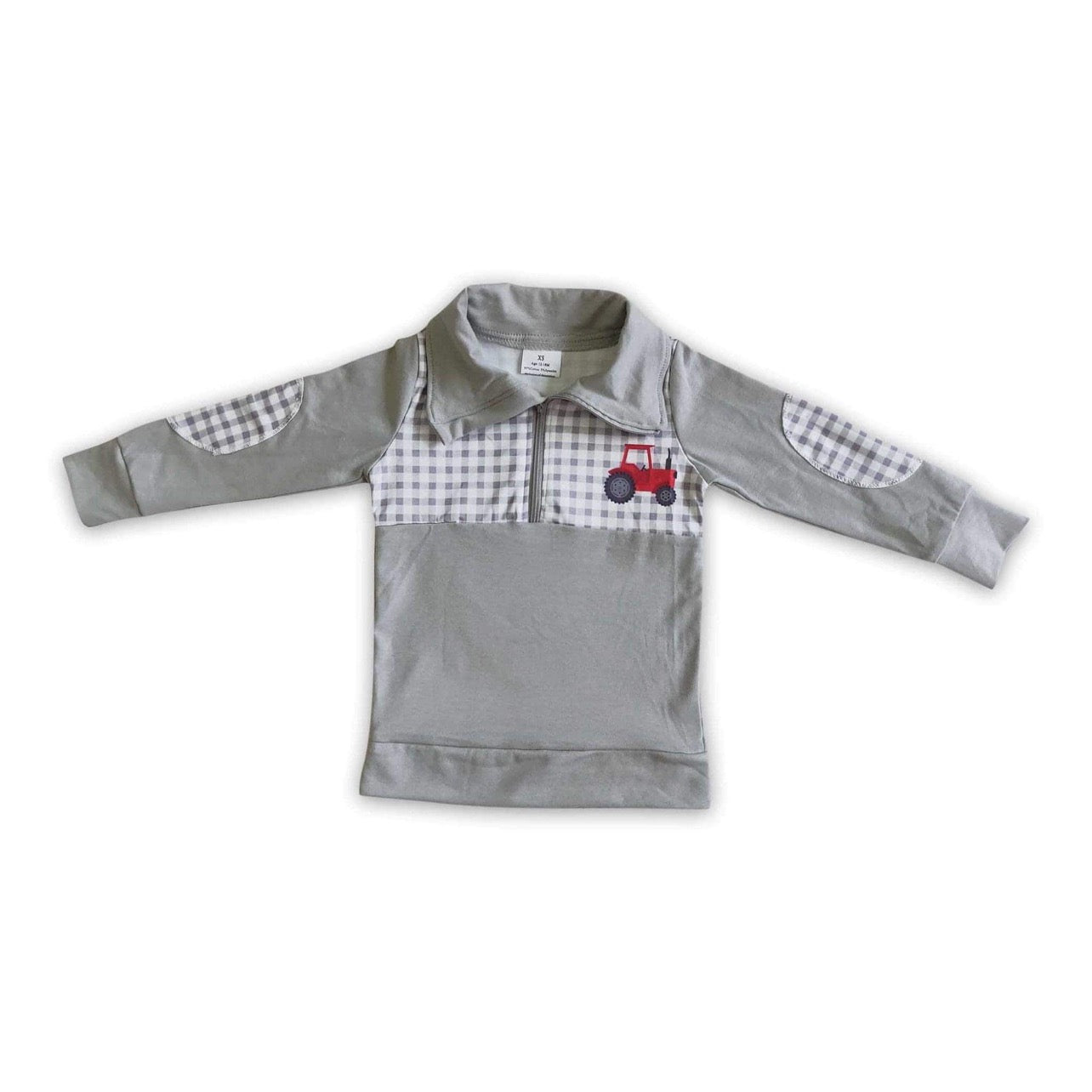 Boys Grey Plaid + Tractor Pullover