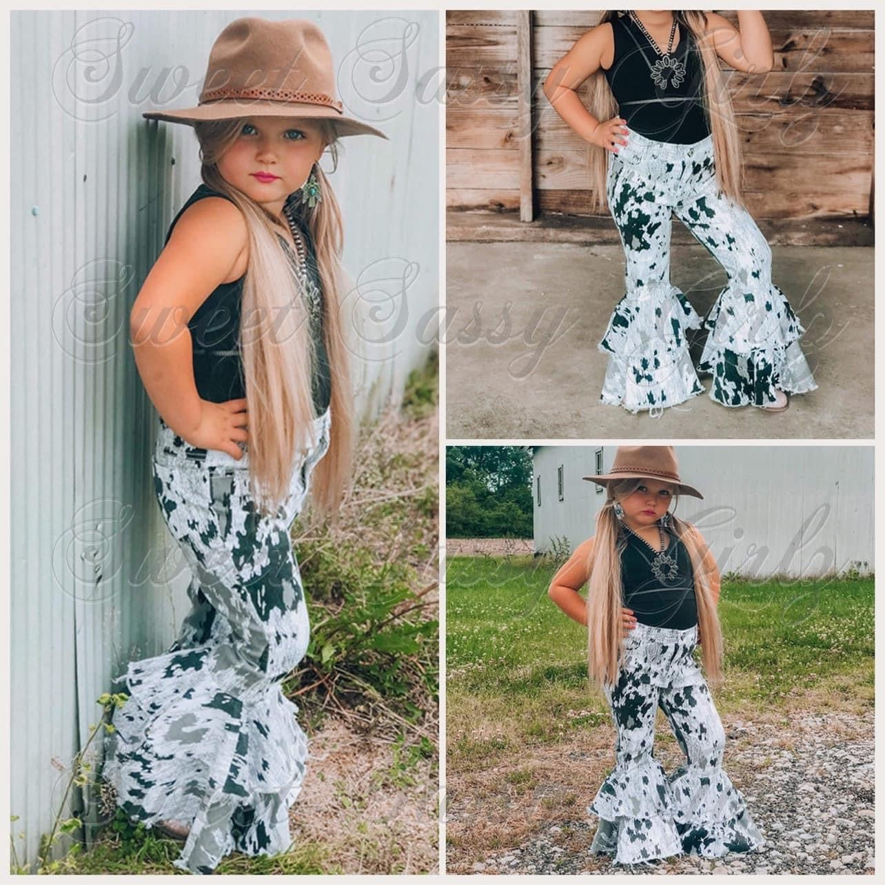 Black White Cow Jean Double Flare Bell Bottom 🖤