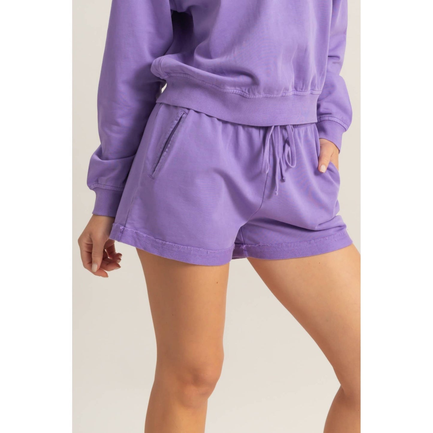Pigment Dyed Raw Edge Detail Shorts: Purple