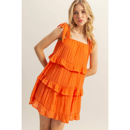 Self Tie Straps Ruffle Tiered Mini Dress: ORANGE