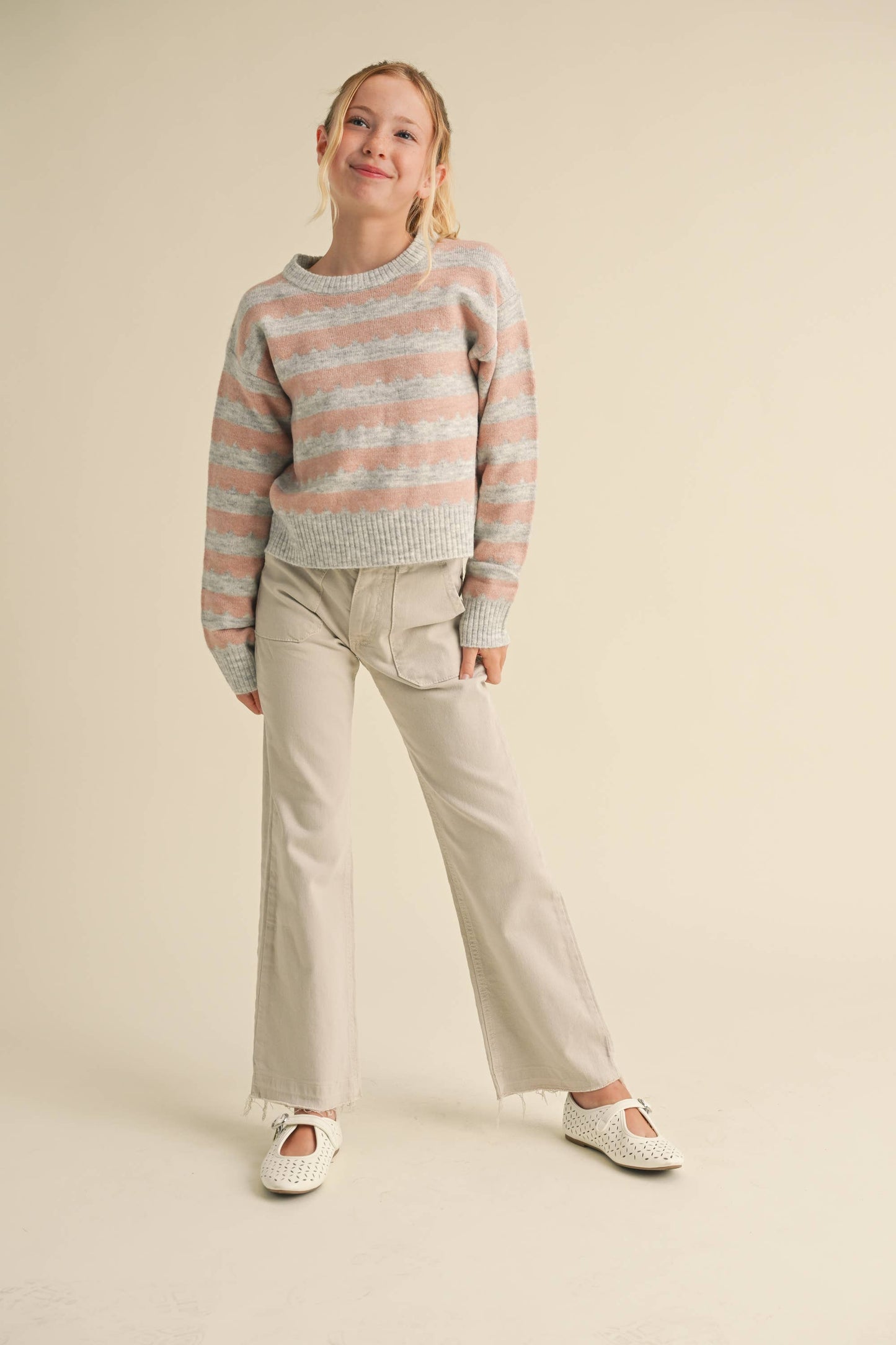 GIRLS STRIPED CREW NECK SWEATER