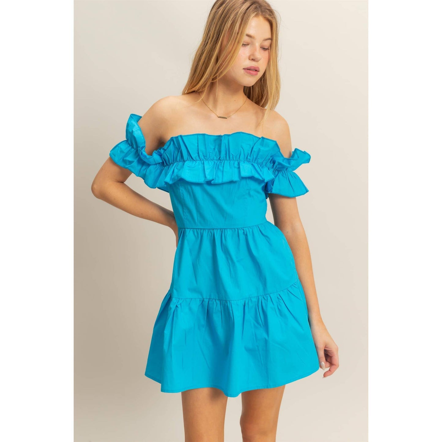Poplin Off Shoulder Ruffled Mini Dress: AQUA BLUE