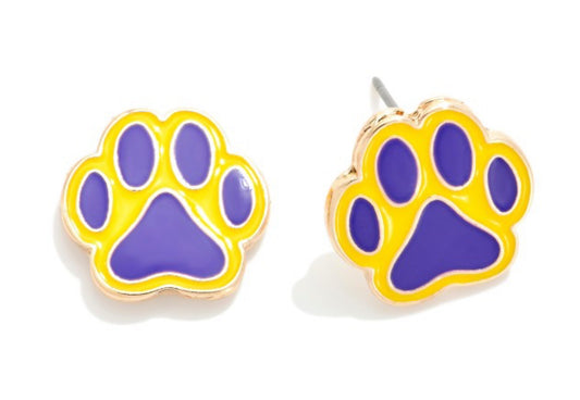 Purple/Gold Painted Metal Paw Print Stud Earrings