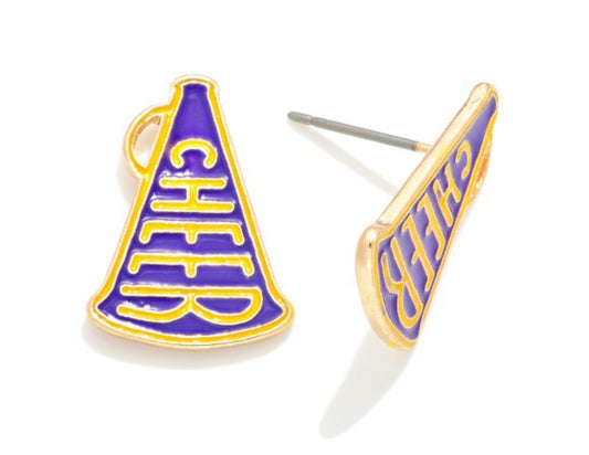 Purple/Gold Enamel and Metal Game Day Mega Phone Cheer Stud Earrings