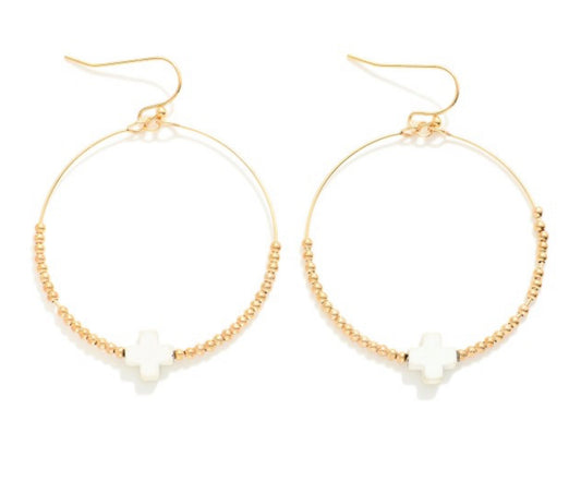 White Beaded Hoop Earrings With Dainty Cross