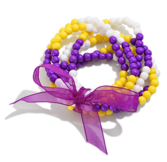 Purple/Gold Set of Six Dainty Beaded Stretch Bracelets With Bow Detail