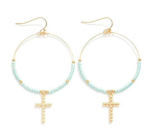 Turquoise Beaded Wire Hoop Drop Earrings With Ball Cross Charms