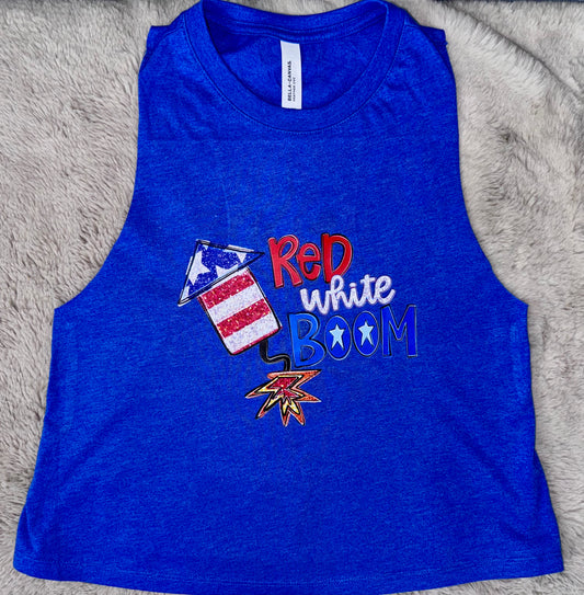 Red, White, BOOM Cropped Bella Tank