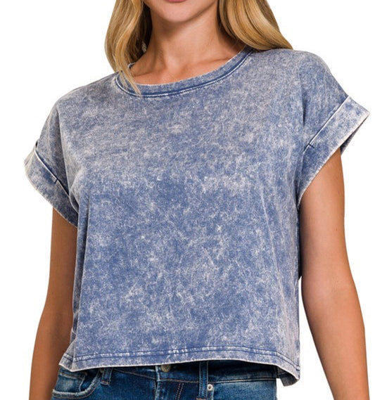 Light Navy Washed Cuffed Sleeve Top