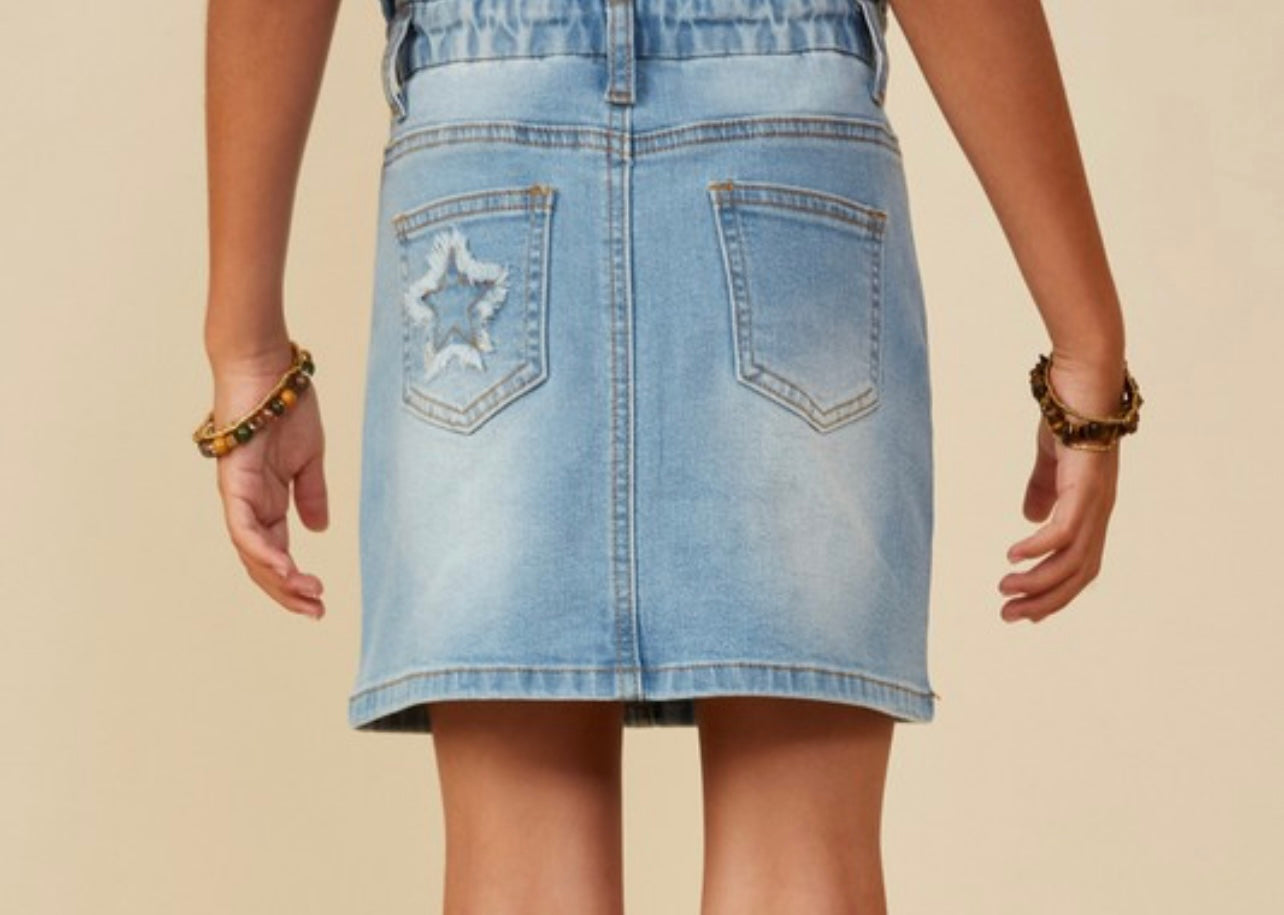 Girls Distressed Star Patched Paper Bag Denim