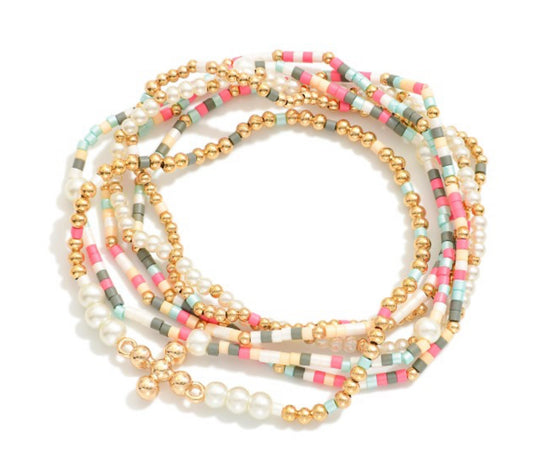 Multi Beaded Stretch Bracelets Featuring Pearl Beads and Dainty Cross Charm - Set of Six