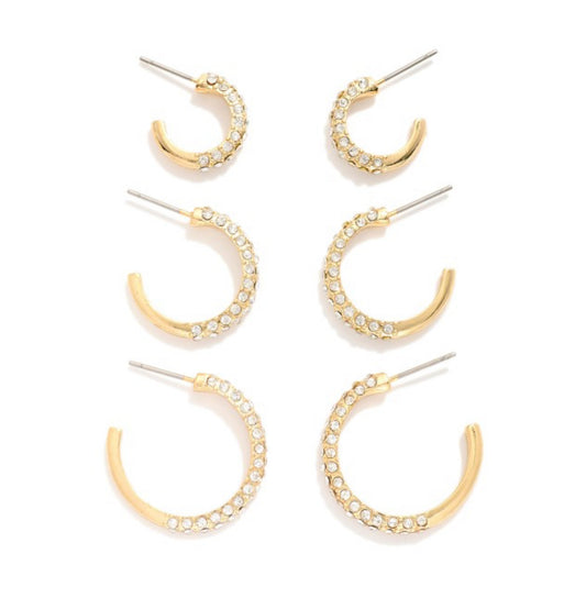 Pave Rhinestone Hoop Earrings - Set Of Three