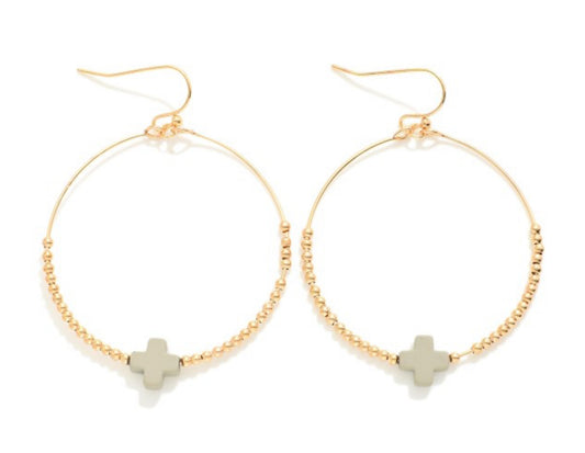 Grey Beaded Hoop Earrings With Dainty Cross