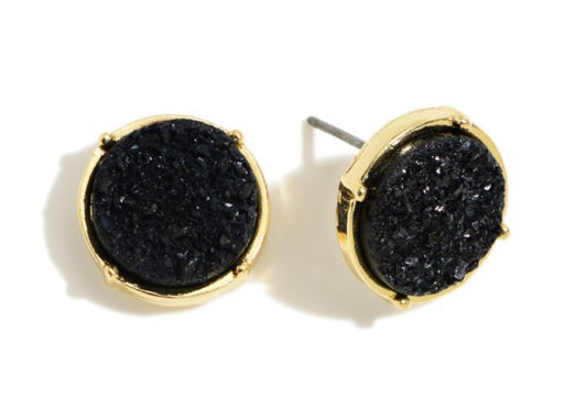 Black Round Druzy Stud Earrings