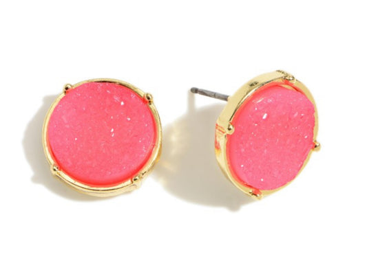 Pink Round Druzy Stud Earrings