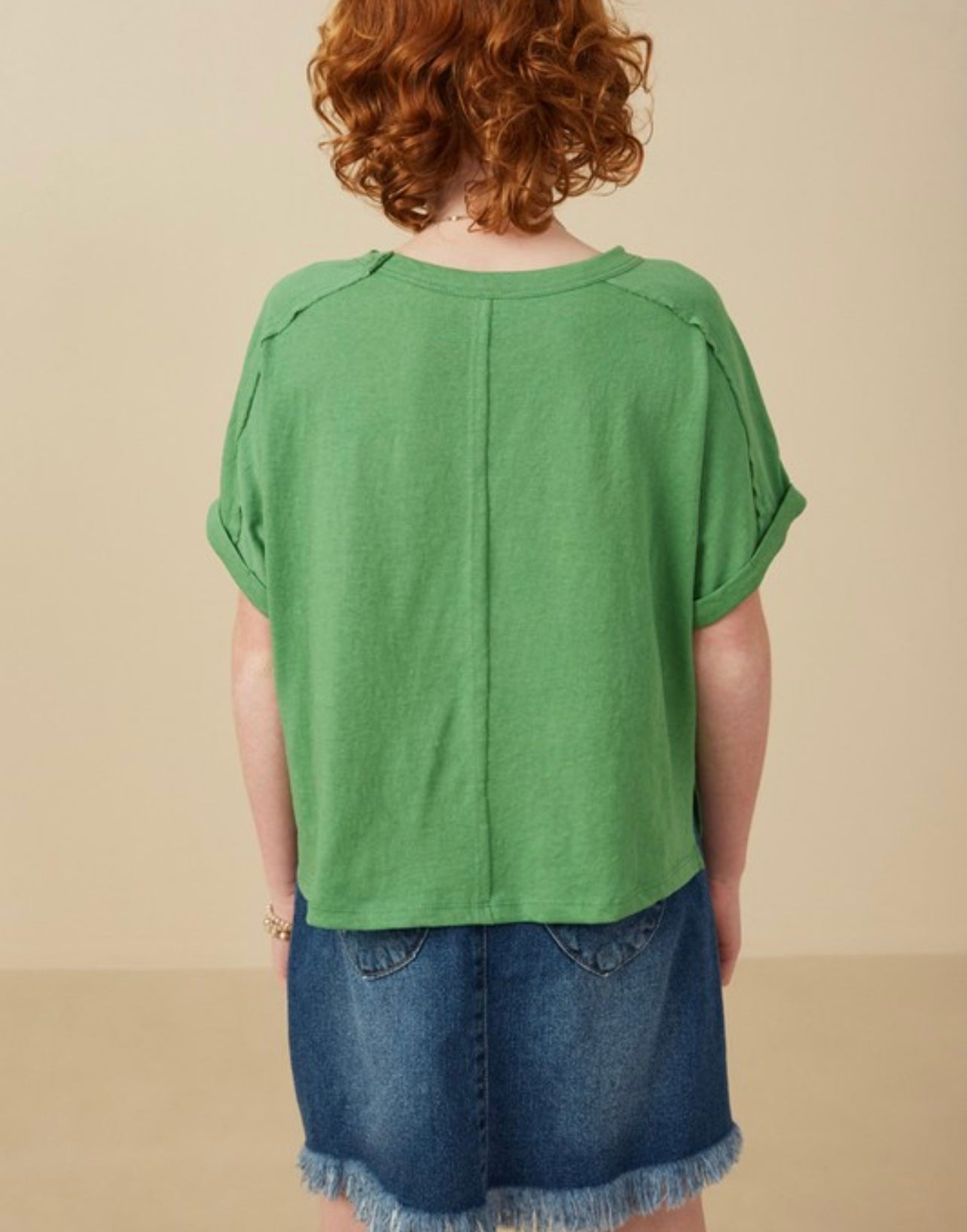 Girls Green Raw Edge Detail Triblend Knit Dolman Tee