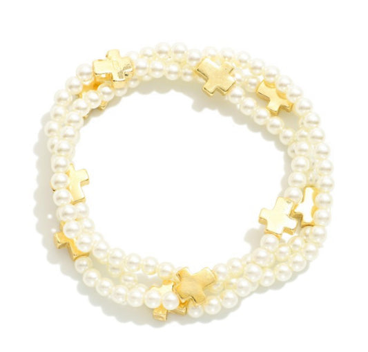 Pearl Beaded Stretch Bracelets With Gold Tone Cross Beads - Set Of 3