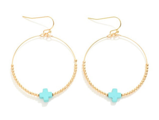 Turquoise Beaded Hoop Earrings With Dainty Cross