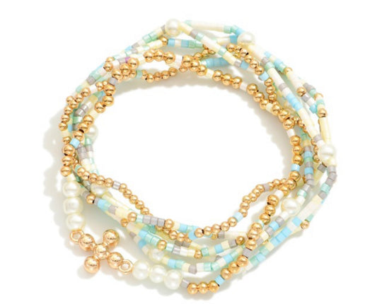 Turquoise Beaded Stretch Bracelets Featuring Pearl Beads and Dainty Cross Charm - Set of Six