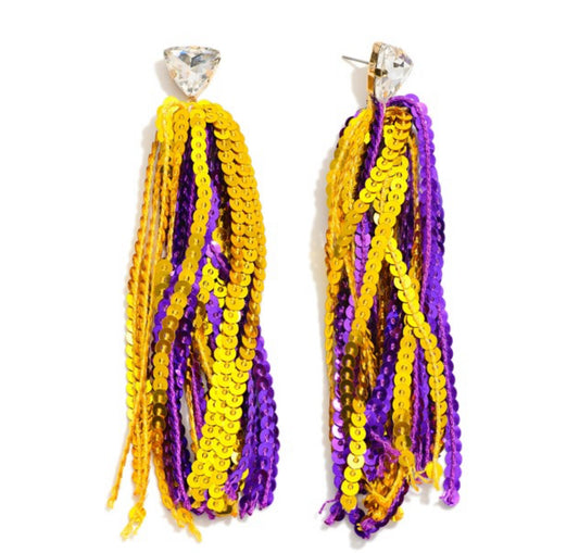 Purple/Gold Long Sequin Tassel Game Day Drop Earrings With Rhinestone Stud Posts