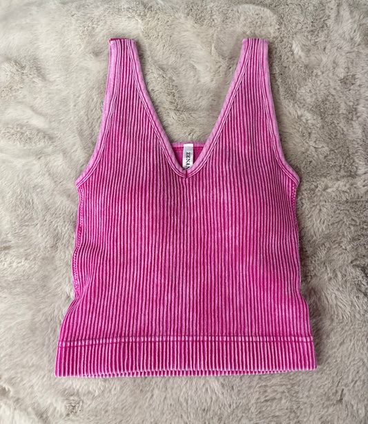 Hot Pink Ribbed V-Neck Tank