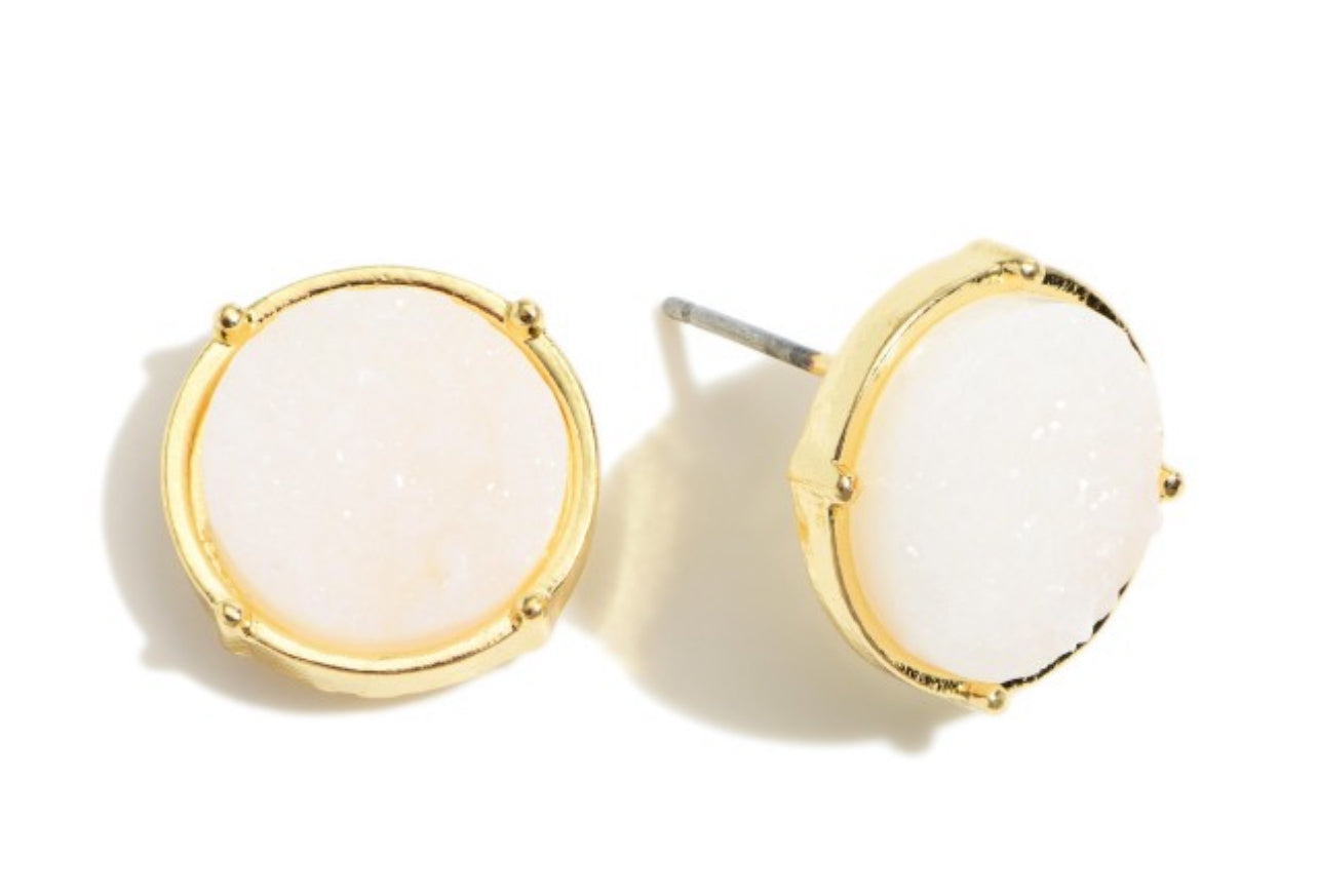 White Round Druzy Stud Earrings