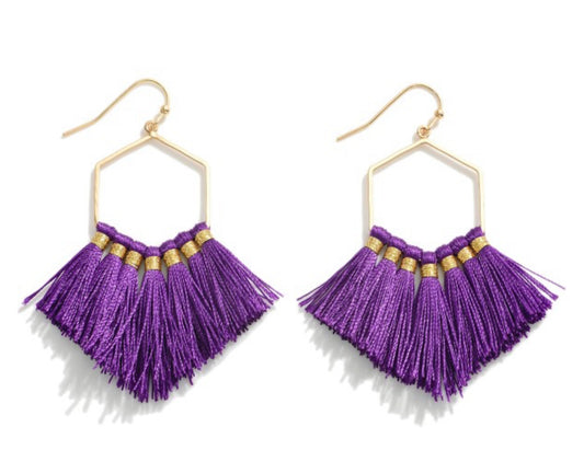 Purple/Gold Fringe Tassel Hexagon Drop Earrings in Gold