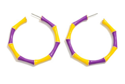 Purple/Gold Enamel Coated Metal Bamboo Alternating Game Day Colors Hoop Earrings