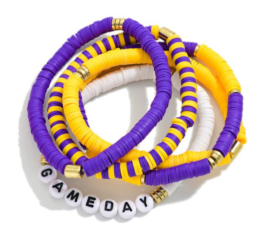 Purple/Gold Set Of Five 'Game Day' Heishi Beaded Bracelets