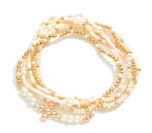 Natural Beaded Stretch Bracelets Featuring Pearl Beads and Dainty Cross Charm - Set of Six