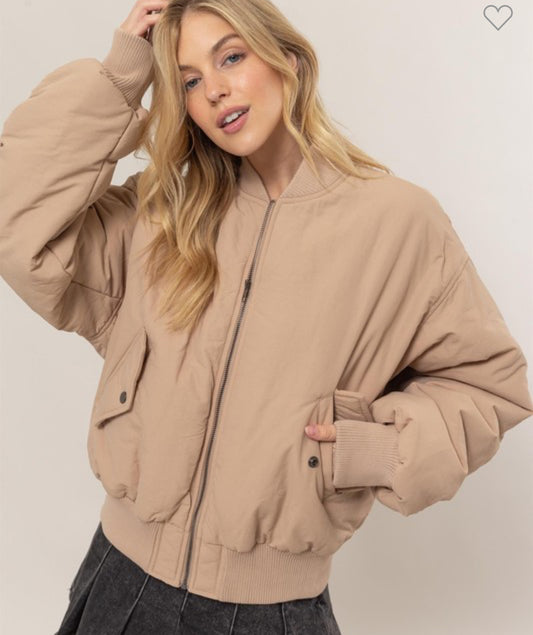 Beige Bomber Puffer Jacket